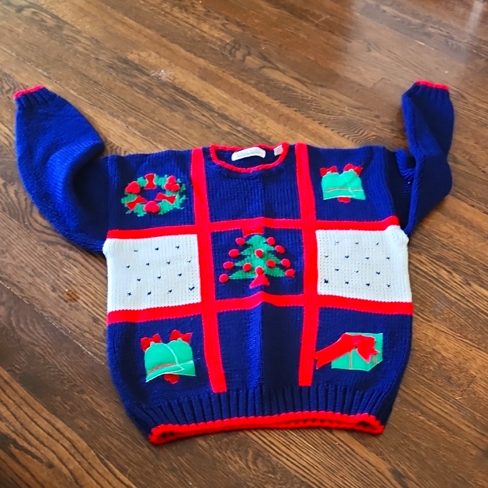 Festive Blue and Red Holiday Sweater